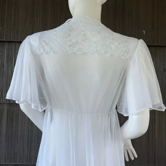 Vintage Val Mode Fairy Sheer Nylon Short flutter Sleeve Lace White Maxi Robe S-M - Picture 8 of 16